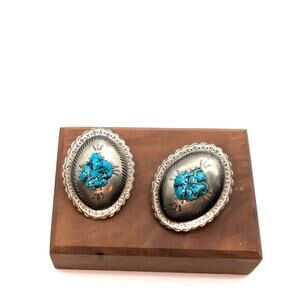 Vintage Silver Tone Concho Blue Stone Clip On Earrings